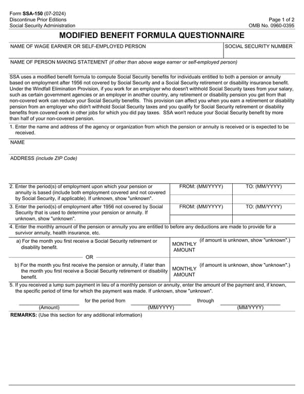 SSA-150 Modified Benefit Formula Questionnaire for Pension-Annuity Recipients and Beneficiaries of the Windfall Elimination Provision