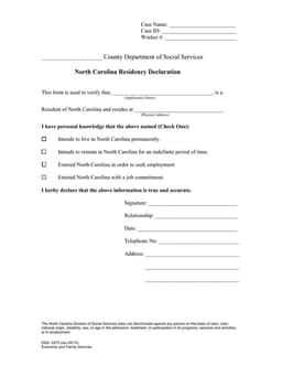 North Carolina DSS-5275 Affidavit of Residence Verification form preview
