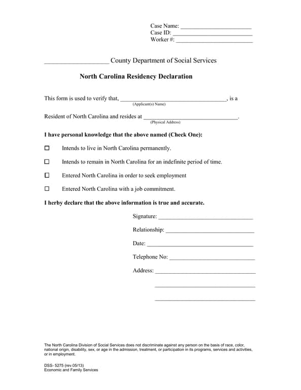 North Carolina DSS-5275 Affidavit of Residence Verification