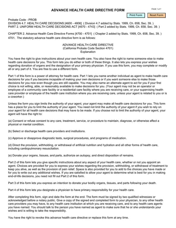 California Probate Code 4701 - Advance Health Care Directive