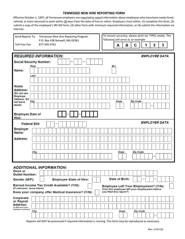 Tennessee New Hire Reporting - All Employer Requirements