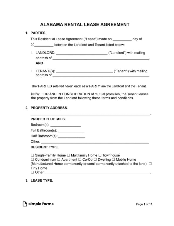 Alabama Residential Lease Agreement Details