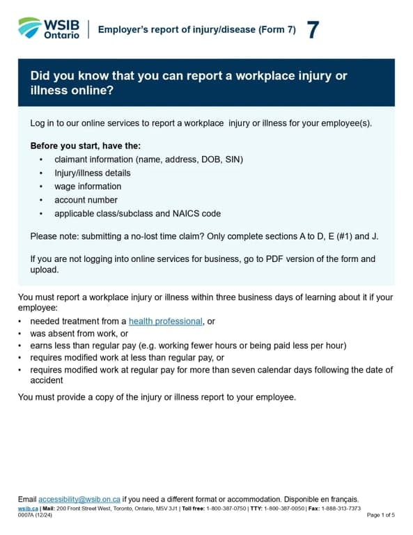 Get the most current Canada WSIB 7 – Workplace Injury Claim Form form now