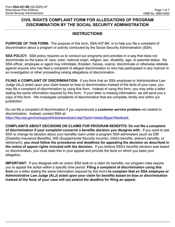 Social Security Administration's Non-Discrimination Complaint SSA-437-BK