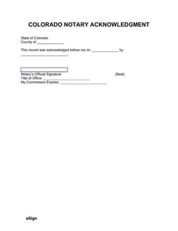 Colorado Notary Acknowledgment Cash Receipt form preview