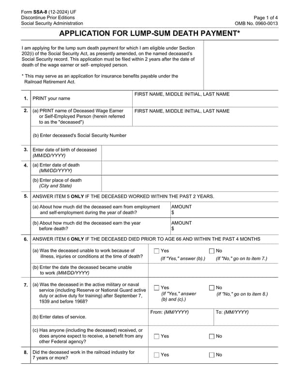 SSA-8 Application for Lump Sum Death Payment and Railroad Retirement Benefits