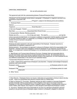 Crew Deal Memorandum for Production Employee Terms and Compensation form preview