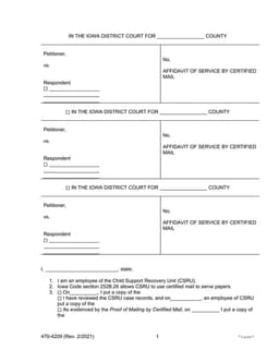 Iowa District Court Affidavit of Service by Certified Mail 470-4209 for Child Support Recovery Cases form preview