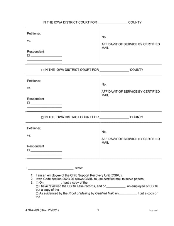 Iowa District Court Affidavit of Service by Certified Mail 470-4209 for Child Support Recovery Cases