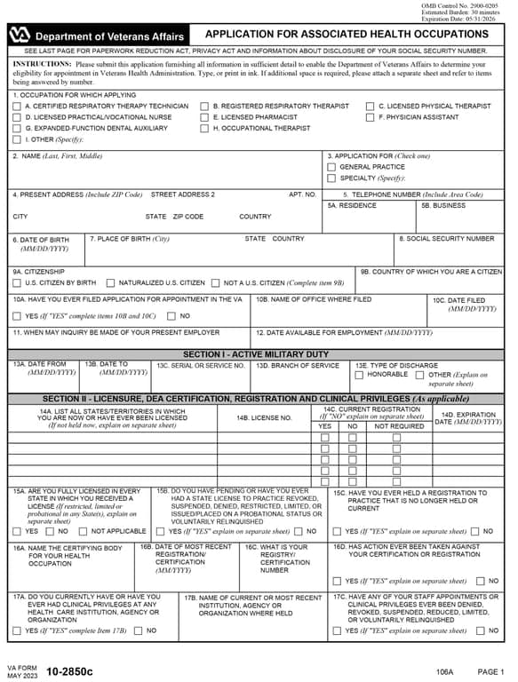 VA 10-2850c – VA Credentialing and Privileging Request