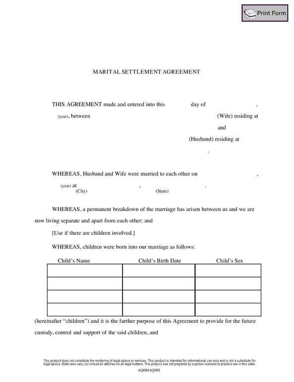Alabama Marital Settlement Agreement for Couples with Minor Children -  Legal Document Overview