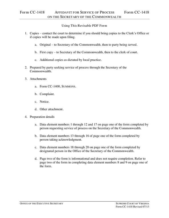 Virginia Service of Process Affidavit - CC-1418