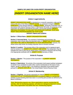 Non-Profit Bylaws Under State Law and Section 501(c)(3) Compliance Template form preview