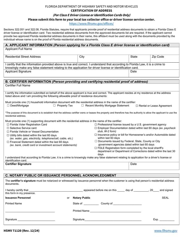 Florida Address Certification for Driver License and ID Cards - Sections 322.051 and 322.08 Compliance
