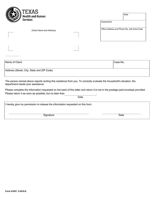 Texas H1857 Landlord Verification and Tenant Details Certificate