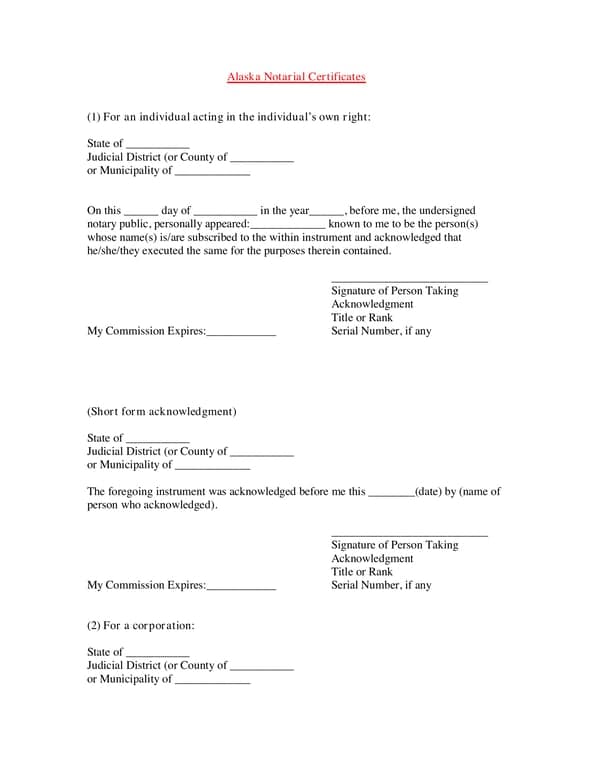 Alaska Notarial Certificates for Official Authenticity and Identity Verification