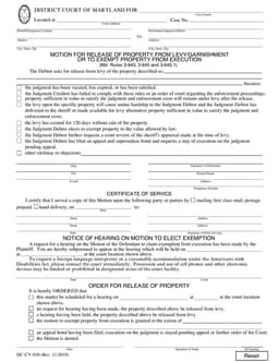 Maryland District Court Motion for Release or Exemption of Property - Certificate of Service Included form preview