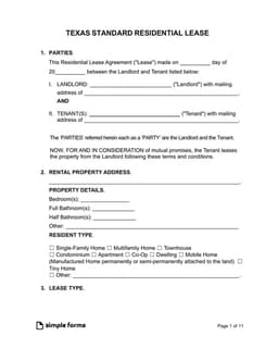 Texas Residential Lease Agreement Basics form preview