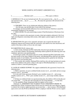 California Model Marital Settlement Agreement - Divorce Terms & Conditions form preview