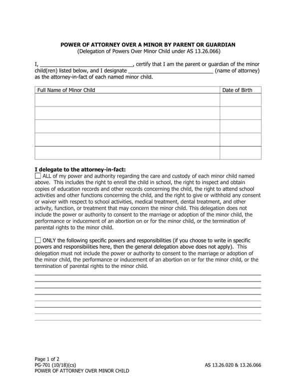 Alaska Power of Attorney Over Minor Child - PG-701