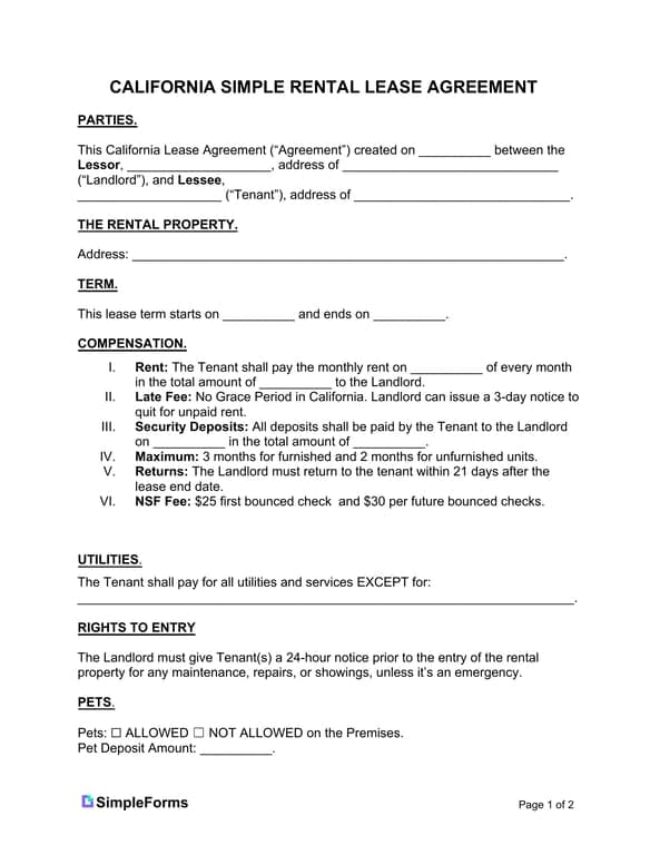 Get the most current California Simple Rental Lease Agreement Overview form now