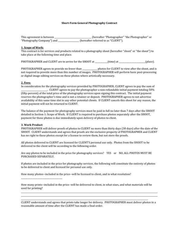 General Photography Contract Agreement - Terms, Services, and Payment Obligations