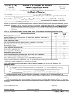 IRS W-7 COA - Certificate of Accuracy Individual Taxpayer Identification Number Verification Process form preview