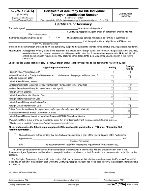 Get the most current IRS W-7 COA - Certificate of Accuracy Individual Taxpayer Identification Number Verification Process form now