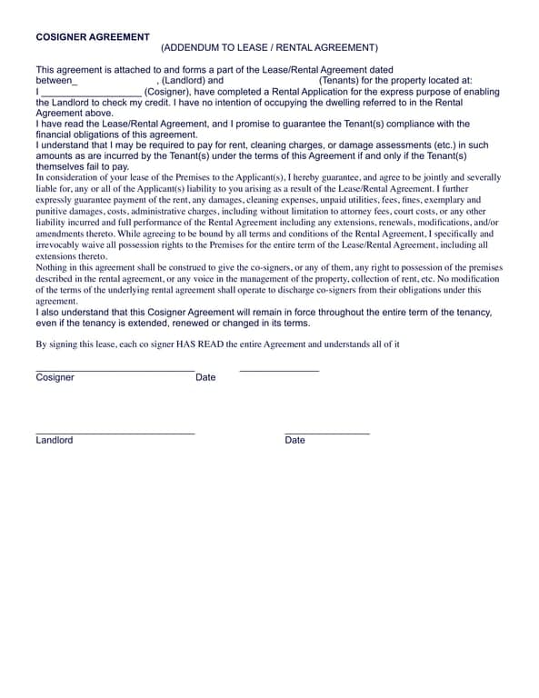 Apartment Rental Cosigner Agreement Template