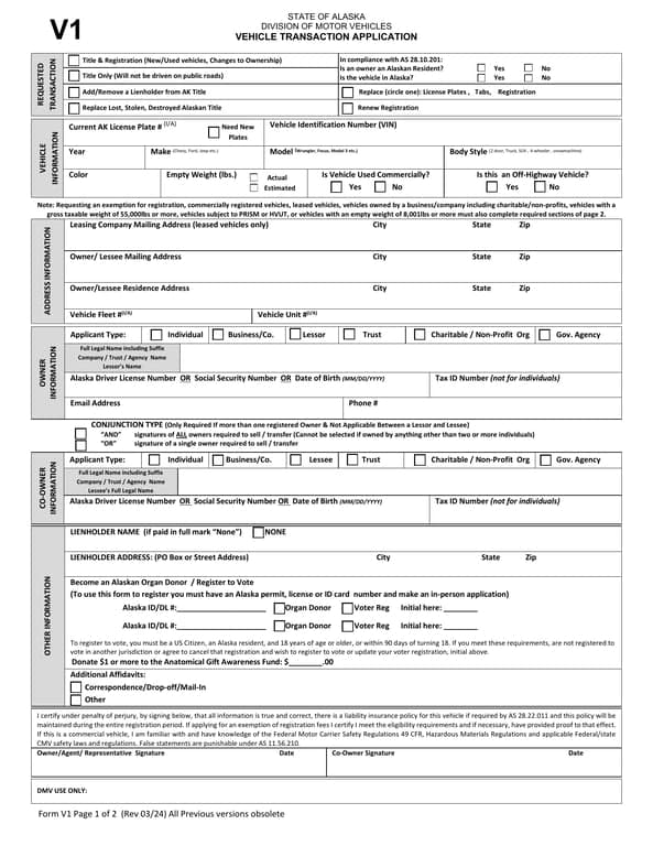Alaska Vehicle Transaction Application V1 - Registration, Titling, and Ownership Verification