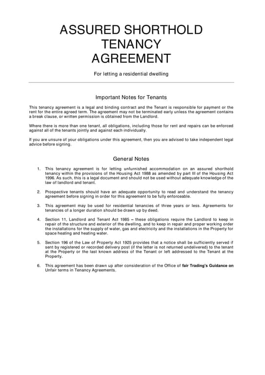 Assured Shorthold Tenancy Agreement for Residential Dwellings in England