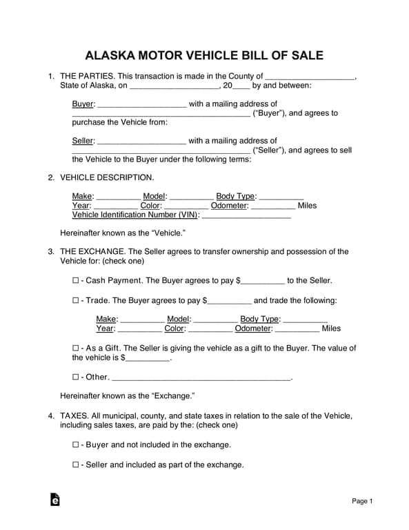 Alaska Vehicle Sale and Odometer Disclosure Document