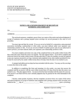 New Mexico CV-188 Notice - Acknowledgment of Summons and Complaint Receipt form preview