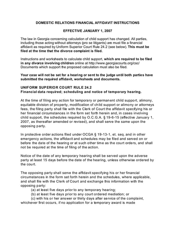 Georgia Domestic Relations Financial Affidavit for Child Support Calculation