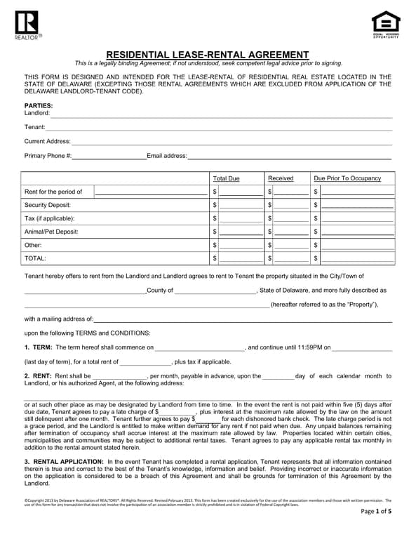Get the most current Delaware Residential Lease-Rental Agreement - Association Exclusive form now