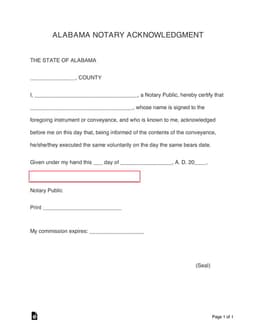 Alabama Notary Acknowledgment for Authorized Cash Receipt Verification form preview