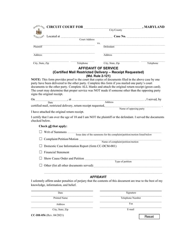 Maryland Circuit Court Affidavit of Service Verification