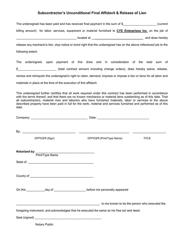 Contractor's Unconditional Lien Release for CYE Enterprises