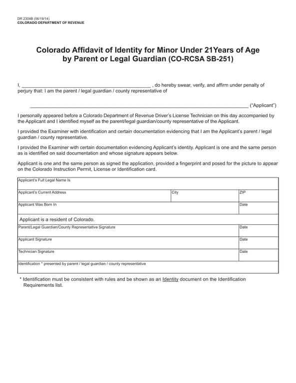 Colorado Affidavit of Identity for Minors Under 21 - CO-RCSA SB-251