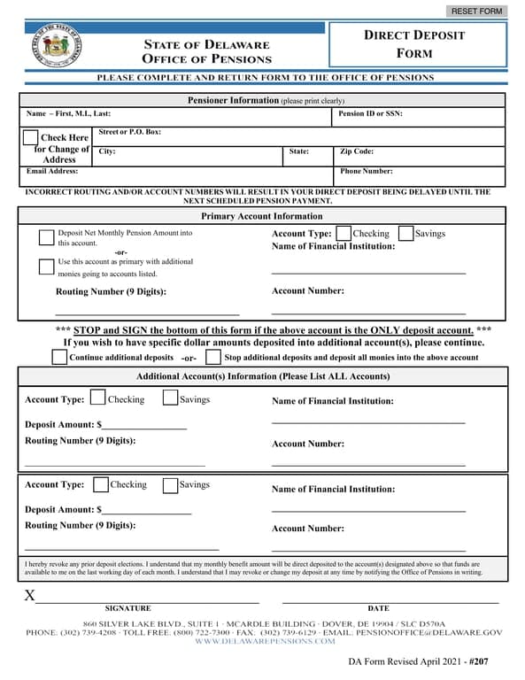 Delaware Direct Deposit Management DA207 Revised April 2021