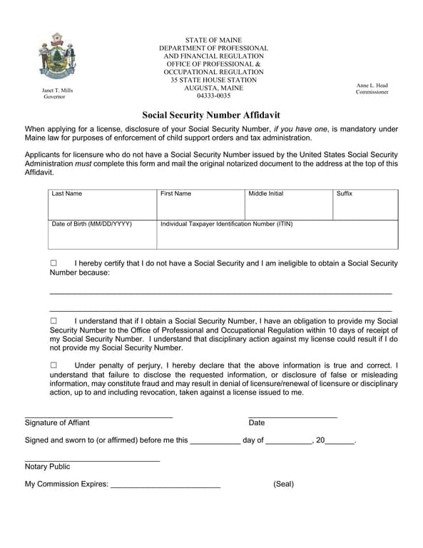 Maine SSN Affidavit for License Applicants with Identity Certification