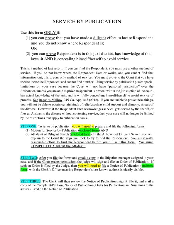 Georgia Affidavit of Service by Publication for Missing or Evading Respondents