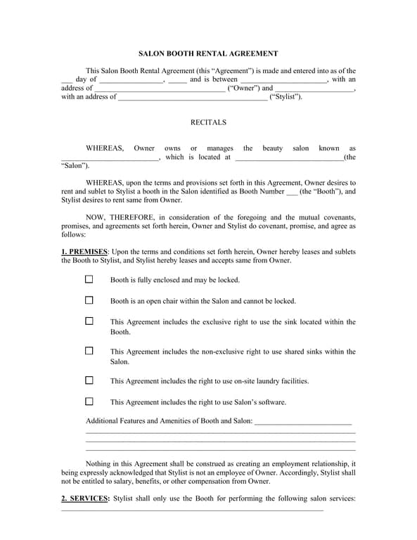 Salon Booth Rental Agreement - Legal Document for Property Lease