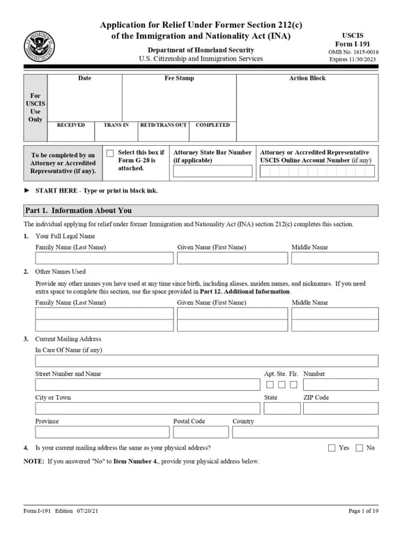 Get the most current i-191 form now