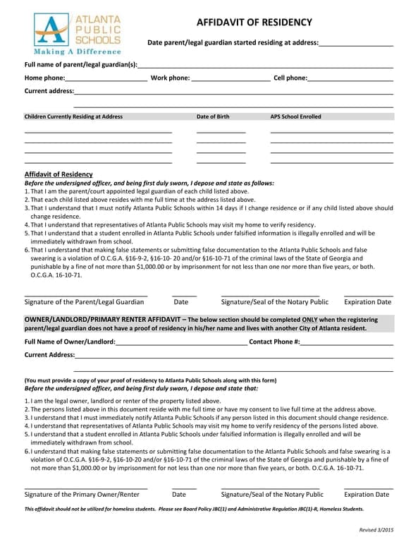 Georgia Parents Legal Guardians Address Confirmation and Child Residence Declaration