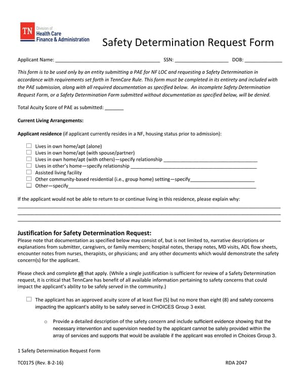 Get the most current Tennessee PBS Safety Net Determination Request - Acuity Score and Living Conditions Documentation Required form now