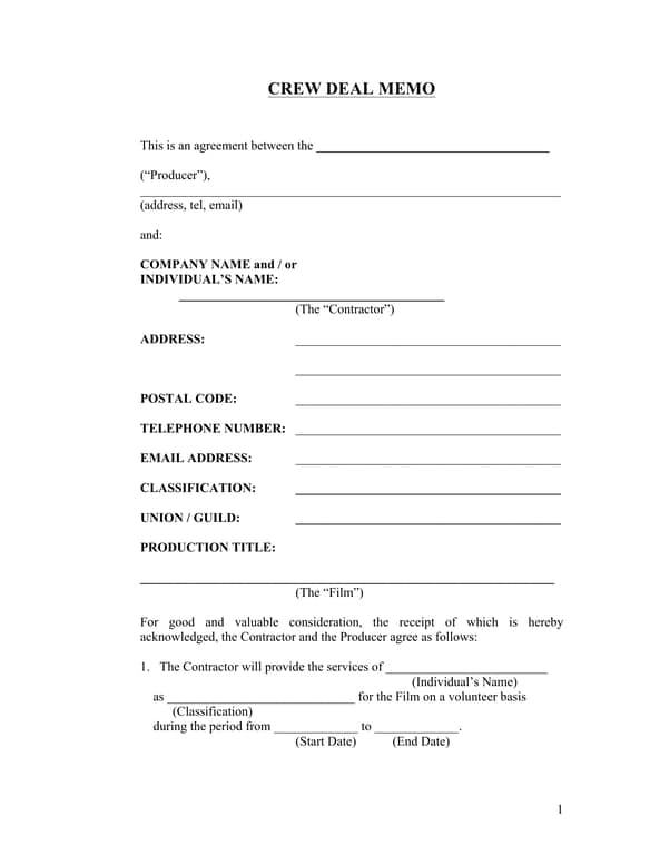 Crew Deal Memo - Producer Contractor Agreement Template