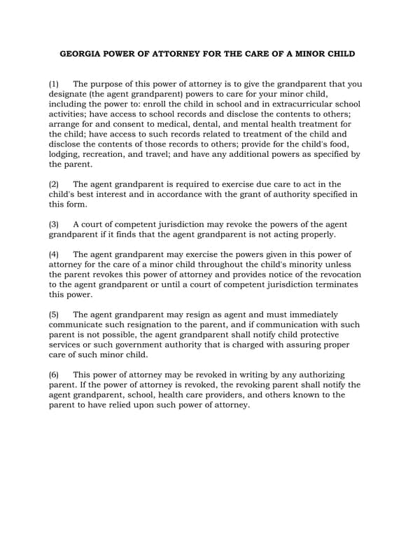 Georgia Power of Attorney for Minor Child Care and Travel