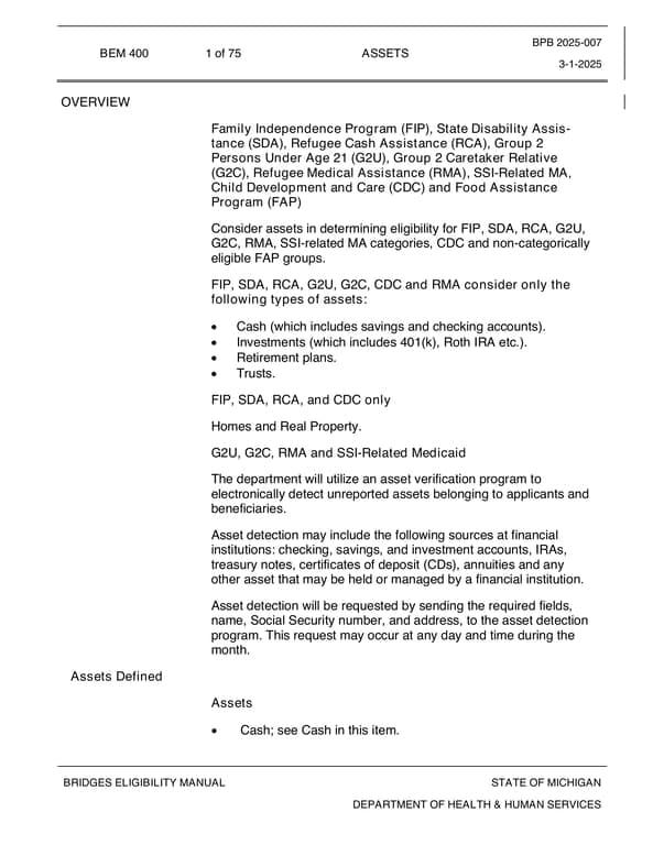 BEM 400 Michigan Health and Human Services Eligibility Assessment