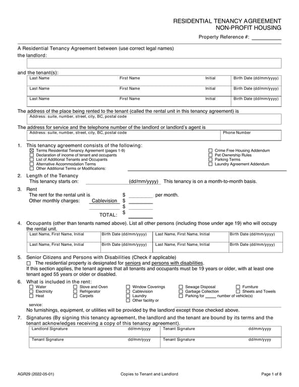 AGR29 Residential Tenancy Agreement for Non-profit Housing in British Columbia